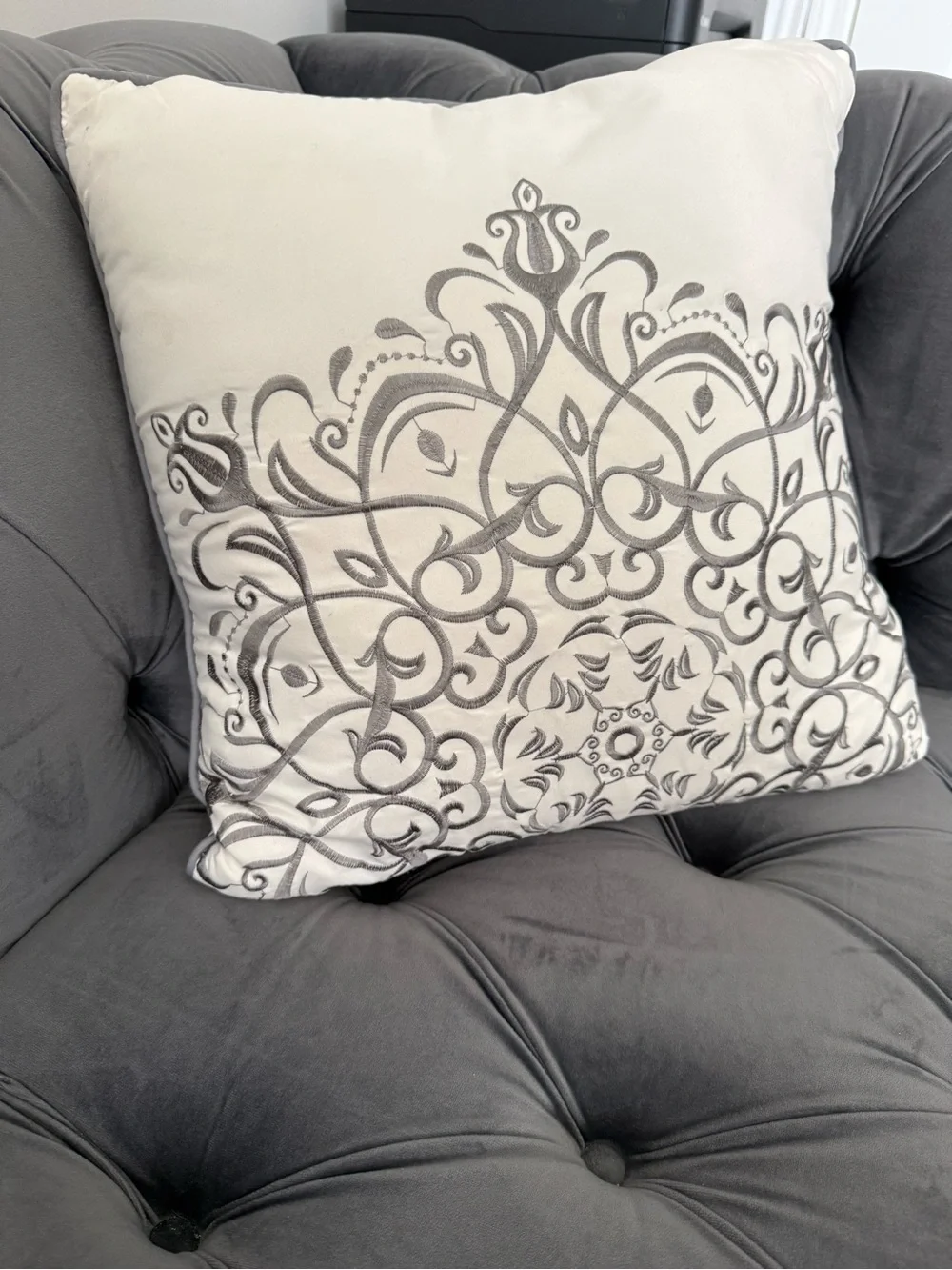 Ivory Gray Embroidered Decorative Throw Pillow 17x17 Damask Accent Cushion